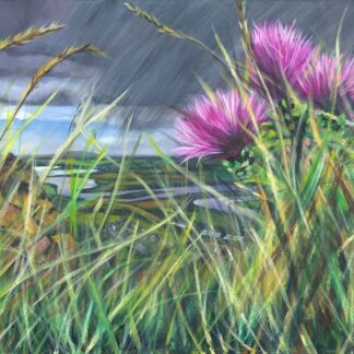 A painting of vibrant pink flowers and green grasses in the foreground with a gloomy sky and hint of a water body in the background. by Greer Ralston